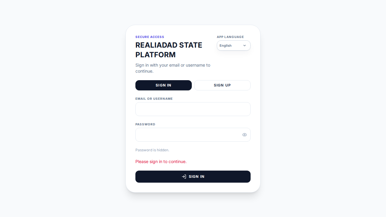 Realiadad State platform sign-in screen